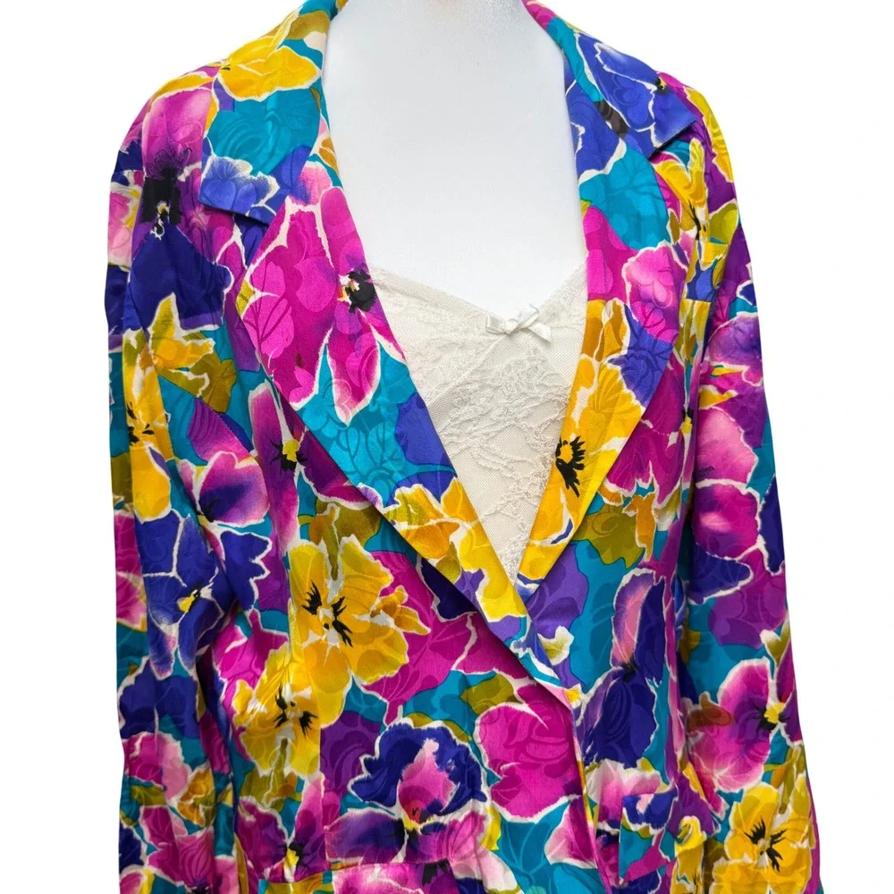 Vintage 100% Silk Floral Blazer Medium Multi Color‎ Dopamine 90s Career Luxury